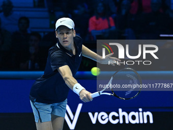 Jannik Sinner (ITA) competes against Daniil Medvedev (RUS) during day five of the Nitto ATP Finals 2024 at Inalpi Arena in Turin, Italy, on...