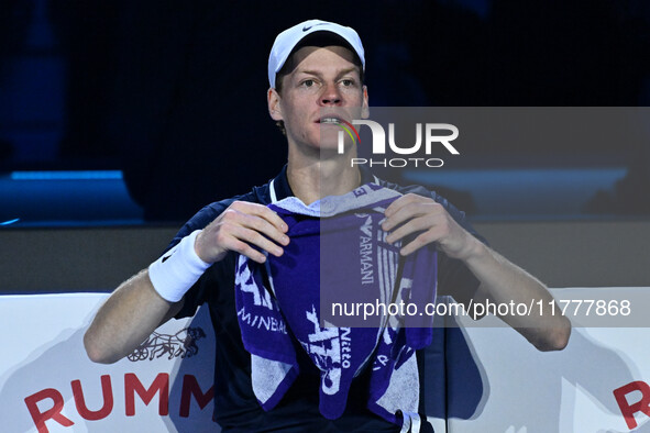 Jannik Sinner (ITA) competes against Daniil Medvedev (RUS) during day five of the Nitto ATP Finals 2024 at Inalpi Arena in Turin, Italy, on...