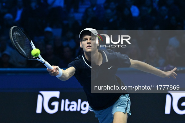 Jannik Sinner (ITA) competes against Daniil Medvedev (RUS) during day five of the Nitto ATP Finals 2024 at Inalpi Arena in Turin, Italy, on...