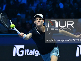 Jannik Sinner (ITA) competes against Daniil Medvedev (RUS) during day five of the Nitto ATP Finals 2024 at Inalpi Arena in Turin, Italy, on...