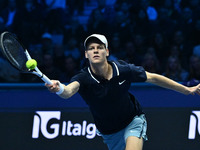 Jannik Sinner (ITA) competes against Daniil Medvedev (RUS) during day five of the Nitto ATP Finals 2024 at Inalpi Arena in Turin, Italy, on...