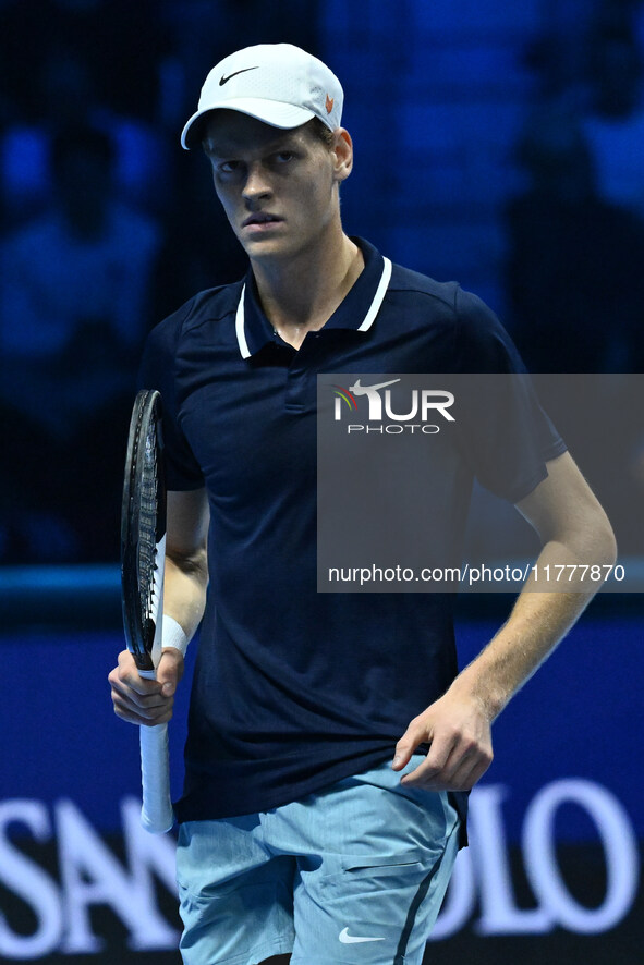 Jannik Sinner (ITA) competes against Daniil Medvedev (RUS) during day five of the Nitto ATP Finals 2024 at Inalpi Arena in Turin, Italy, on...