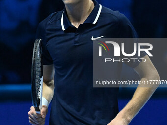 Jannik Sinner (ITA) competes against Daniil Medvedev (RUS) during day five of the Nitto ATP Finals 2024 at Inalpi Arena in Turin, Italy, on...