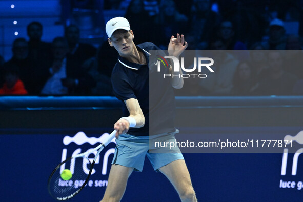 Jannik Sinner (ITA) competes against Daniil Medvedev (RUS) during day five of the Nitto ATP Finals 2024 at Inalpi Arena in Turin, Italy, on...