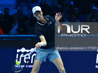 Jannik Sinner (ITA) competes against Daniil Medvedev (RUS) during day five of the Nitto ATP Finals 2024 at Inalpi Arena in Turin, Italy, on...