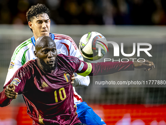 Italy midfielder Sandro Tonali and Belgium forward Romelu Lukaku play during the match between Belgium and Italy at the King Baudouin Stadiu...