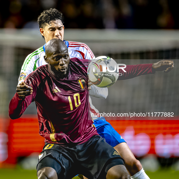 Italy midfielder Sandro Tonali and Belgium forward Romelu Lukaku play during the match between Belgium and Italy at the King Baudouin Stadiu...