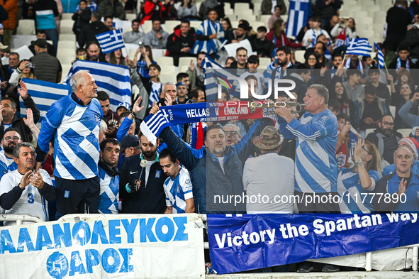 Greek supporters have fun during the UEFA Nations League 2024/25 League B, Group B2 match between Greece and England at OAKA Stadium in Athe...