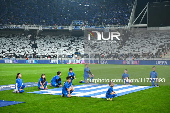 Greek supporters have fun during the UEFA Nations League 2024/25 League B, Group B2 match between Greece and England at OAKA Stadium in Athe...