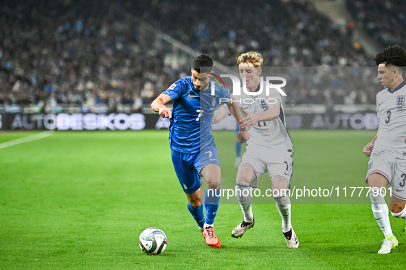 Giorgos Masouras of Greece competes with Anthony Gordon of England during the UEFA Nations League 2024/25 League B, Group B2 match between G...