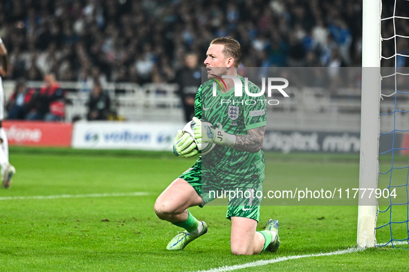 Jordan Pickford of England plays during the UEFA Nations League 2024/25 League B, Group B2 match between Greece and England at OAKA Stadium...