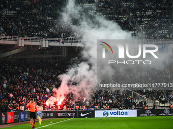 Greek supporters have fun during the UEFA Nations League 2024/25 League B, Group B2 match between Greece and England at OAKA Stadium in Athe...