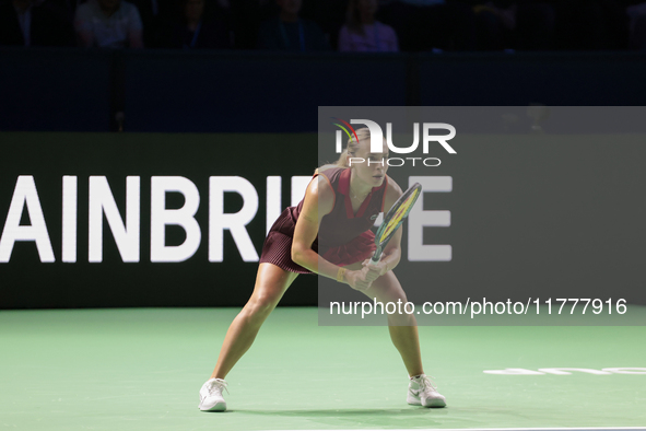 Ana Bogdan of Romania competes during the Billie Jean King Cup match between Japan and Romania at Palacio de los Deportes Martin Carpena in...