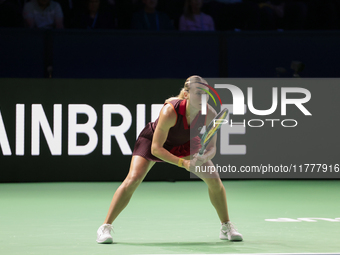 Ana Bogdan of Romania competes during the Billie Jean King Cup match between Japan and Romania at Palacio de los Deportes Martin Carpena in...