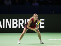 Ana Bogdan of Romania competes during the Billie Jean King Cup match between Japan and Romania at Palacio de los Deportes Martin Carpena in...