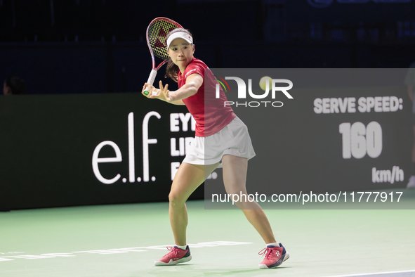 Nao Hibino of Japan plays a forehand during the Billie Jean King Cup match between Japan and Romania at Palacio de los Deportes Martin Carpe...