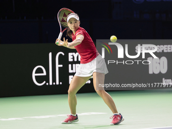 Nao Hibino of Japan plays a forehand during the Billie Jean King Cup match between Japan and Romania at Palacio de los Deportes Martin Carpe...