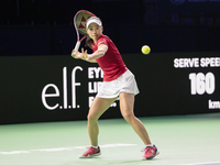 Nao Hibino of Japan plays a forehand during the Billie Jean King Cup match between Japan and Romania at Palacio de los Deportes Martin Carpe...