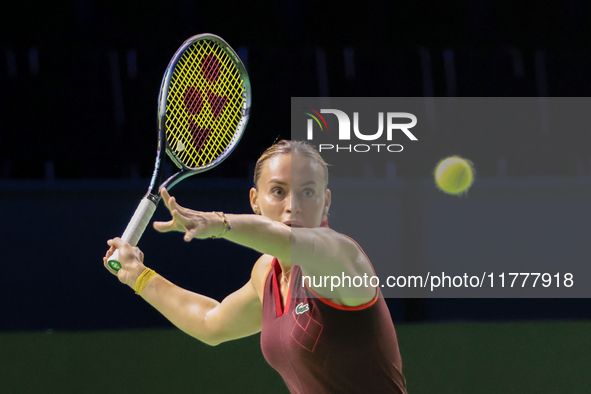 Ana Bogdan of Romania plays a forehand during the Billie Jean King Cup match between Japan and Romania at Palacio de los Deportes Martin Car...