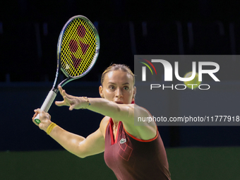 Ana Bogdan of Romania plays a forehand during the Billie Jean King Cup match between Japan and Romania at Palacio de los Deportes Martin Car...