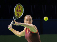 Ana Bogdan of Romania plays a forehand during the Billie Jean King Cup match between Japan and Romania at Palacio de los Deportes Martin Car...