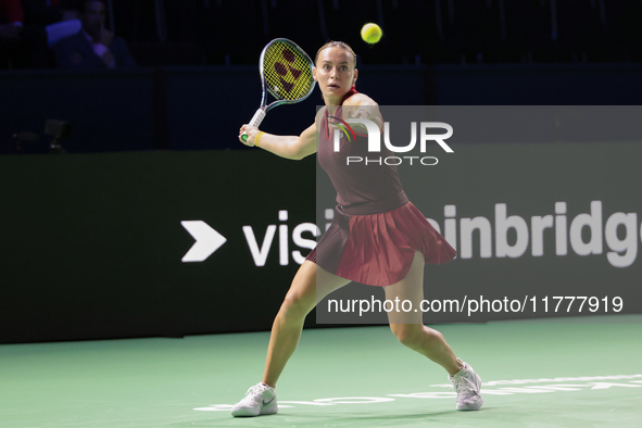 Ana Bogdan of Romania plays a forehand during the Billie Jean King Cup match between Japan and Romania at Palacio de los Deportes Martin Car...