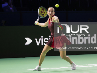 Ana Bogdan of Romania plays a forehand during the Billie Jean King Cup match between Japan and Romania at Palacio de los Deportes Martin Car...