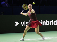 Ana Bogdan of Romania plays a forehand during the Billie Jean King Cup match between Japan and Romania at Palacio de los Deportes Martin Car...