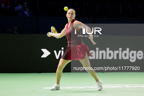 Ana Bogdan of Romania plays a forehand during the Billie Jean King Cup match between Japan and Romania at Palacio de los Deportes Martin Car...