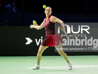 Ana Bogdan of Romania plays a forehand during the Billie Jean King Cup match between Japan and Romania at Palacio de los Deportes Martin Car...