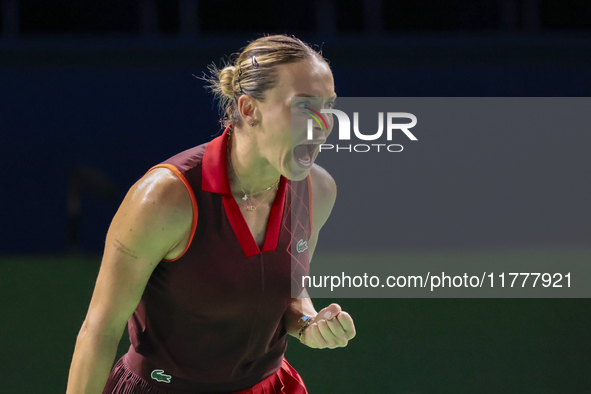 Ana Bogdan of Romania celebrates a point during the Billie Jean King Cup match between Japan and Romania at Palacio de los Deportes Martin C...