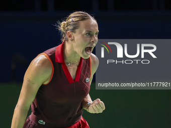 Ana Bogdan of Romania celebrates a point during the Billie Jean King Cup match between Japan and Romania at Palacio de los Deportes Martin C...