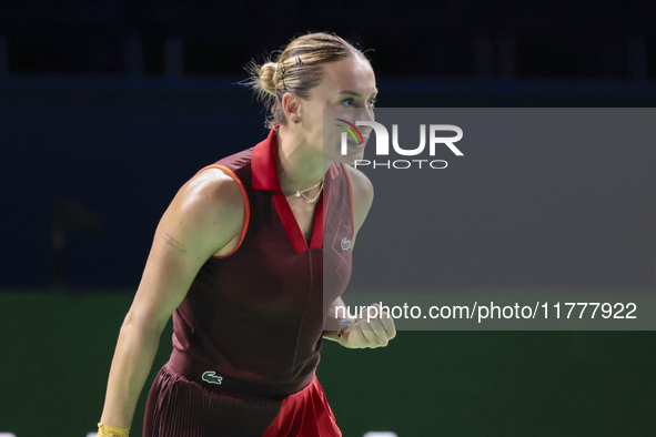 Ana Bogdan of Romania celebrates a point during the Billie Jean King Cup match between Japan and Romania at Palacio de los Deportes Martin C...