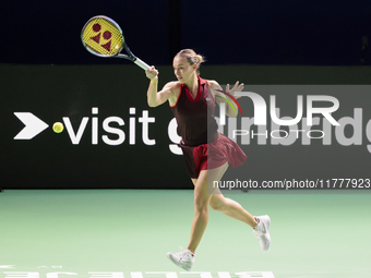 Ana Bogdan of Romania plays a forehand during the Billie Jean King Cup match between Japan and Romania at Palacio de los Deportes Martin Car...