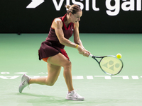 Ana Bogdan of Romania plays backwards during the Billie Jean King Cup match between Japan and Romania at Palacio de los Deportes Martin Carp...