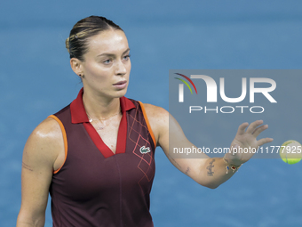 Ana Bogdan of Romania competes during the Billie Jean King Cup match between Japan and Romania at Palacio de los Deportes Martin Carpena in...