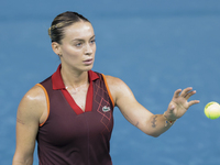 Ana Bogdan of Romania competes during the Billie Jean King Cup match between Japan and Romania at Palacio de los Deportes Martin Carpena in...