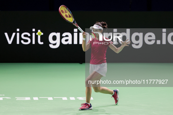 Nao Hibino of Japan plays a forehand during the Billie Jean King Cup match between Japan and Romania at Palacio de los Deportes Martin Carpe...