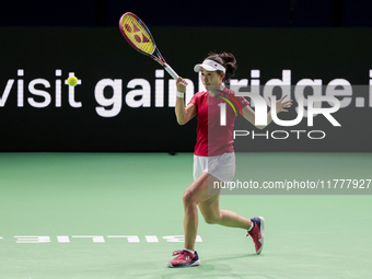 Nao Hibino of Japan plays a forehand during the Billie Jean King Cup match between Japan and Romania at Palacio de los Deportes Martin Carpe...