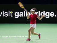 Nao Hibino of Japan plays a forehand during the Billie Jean King Cup match between Japan and Romania at Palacio de los Deportes Martin Carpe...