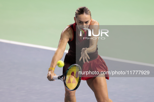 Ana Bogdan of Romania plays backwards during the Billie Jean King Cup match between Japan and Romania at Palacio de los Deportes Martin Carp...