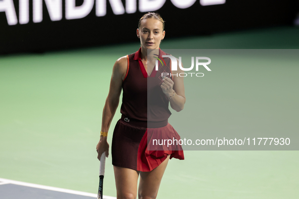 Ana Bogdan of Romania celebrates a point during the Billie Jean King Cup match between Japan and Romania at Palacio de los Deportes Martin C...