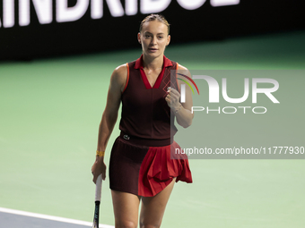 Ana Bogdan of Romania celebrates a point during the Billie Jean King Cup match between Japan and Romania at Palacio de los Deportes Martin C...