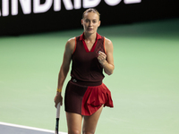 Ana Bogdan of Romania celebrates a point during the Billie Jean King Cup match between Japan and Romania at Palacio de los Deportes Martin C...