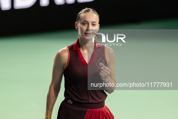 Ana Bogdan of Romania celebrates a point during the Billie Jean King Cup match between Japan and Romania at Palacio de los Deportes Martin C...