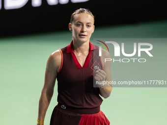 Ana Bogdan of Romania celebrates a point during the Billie Jean King Cup match between Japan and Romania at Palacio de los Deportes Martin C...