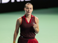 Ana Bogdan of Romania celebrates a point during the Billie Jean King Cup match between Japan and Romania at Palacio de los Deportes Martin C...