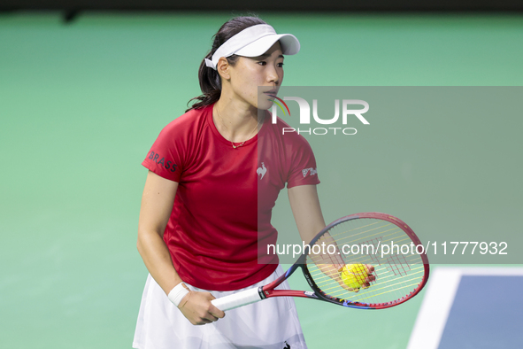 Nao Hibino of Japan plays during the Billie Jean King Cup match between Japan and Romania at Palacio de los Deportes Martin Carpena in Malag...