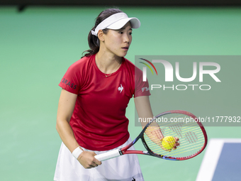 Nao Hibino of Japan plays during the Billie Jean King Cup match between Japan and Romania at Palacio de los Deportes Martin Carpena in Malag...