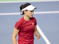 Nao Hibino of Japan plays during the Billie Jean King Cup match between Japan and Romania at Palacio de los Deportes Martin Carpena in Malag...